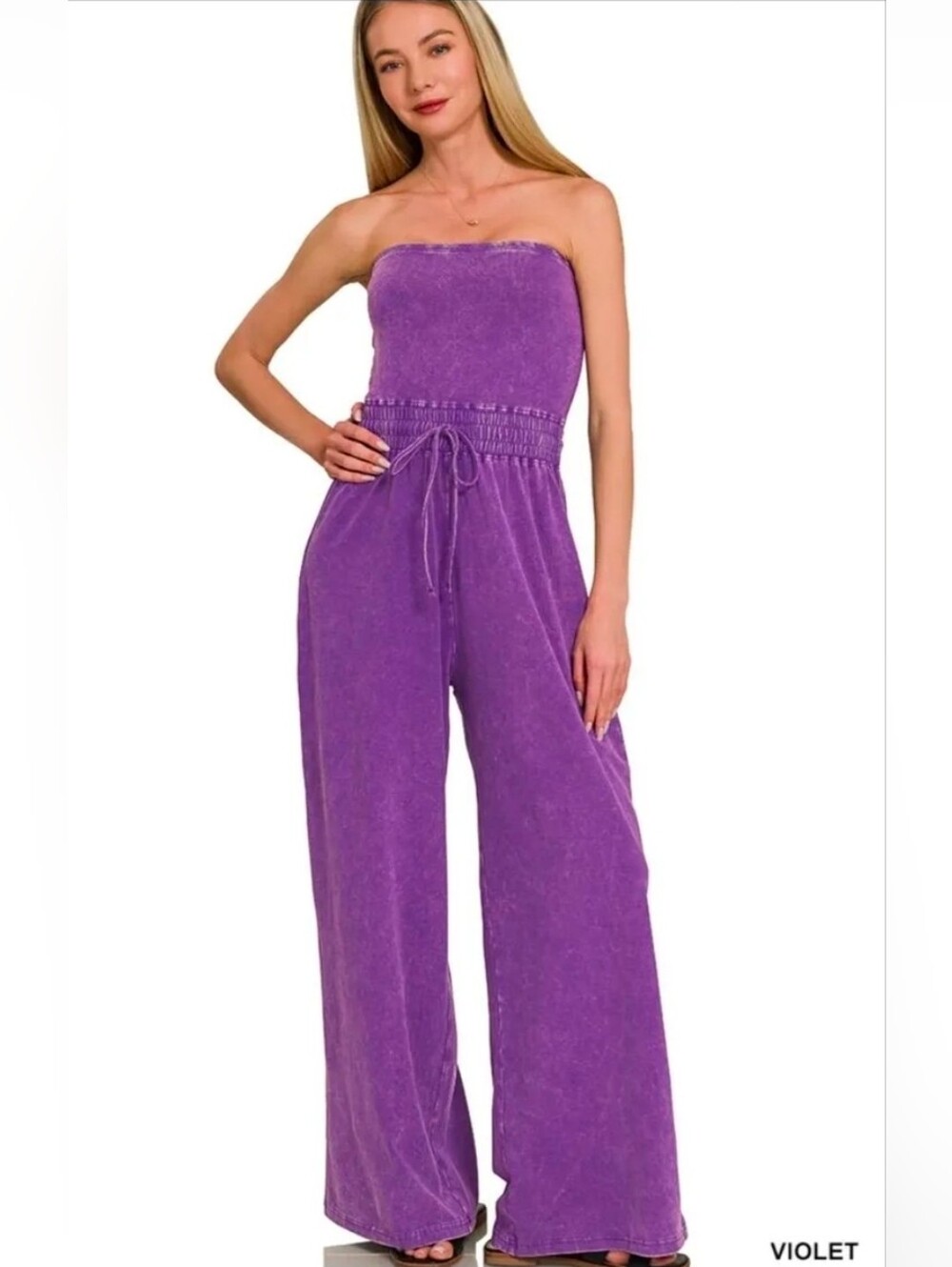 NIP Zenana Acid Washed Strapless Flare Leg Jumpsuit